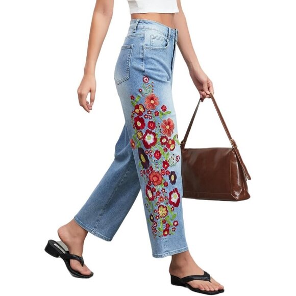Denim - Women’s Cropped Denim Jeans Floral Print Mid Rise Straight Leg Casual